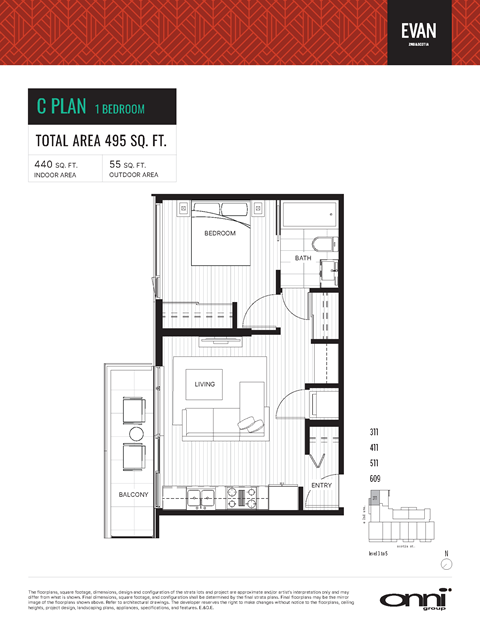 Floor plan for 1 bed, 1 bath, 440 sqft